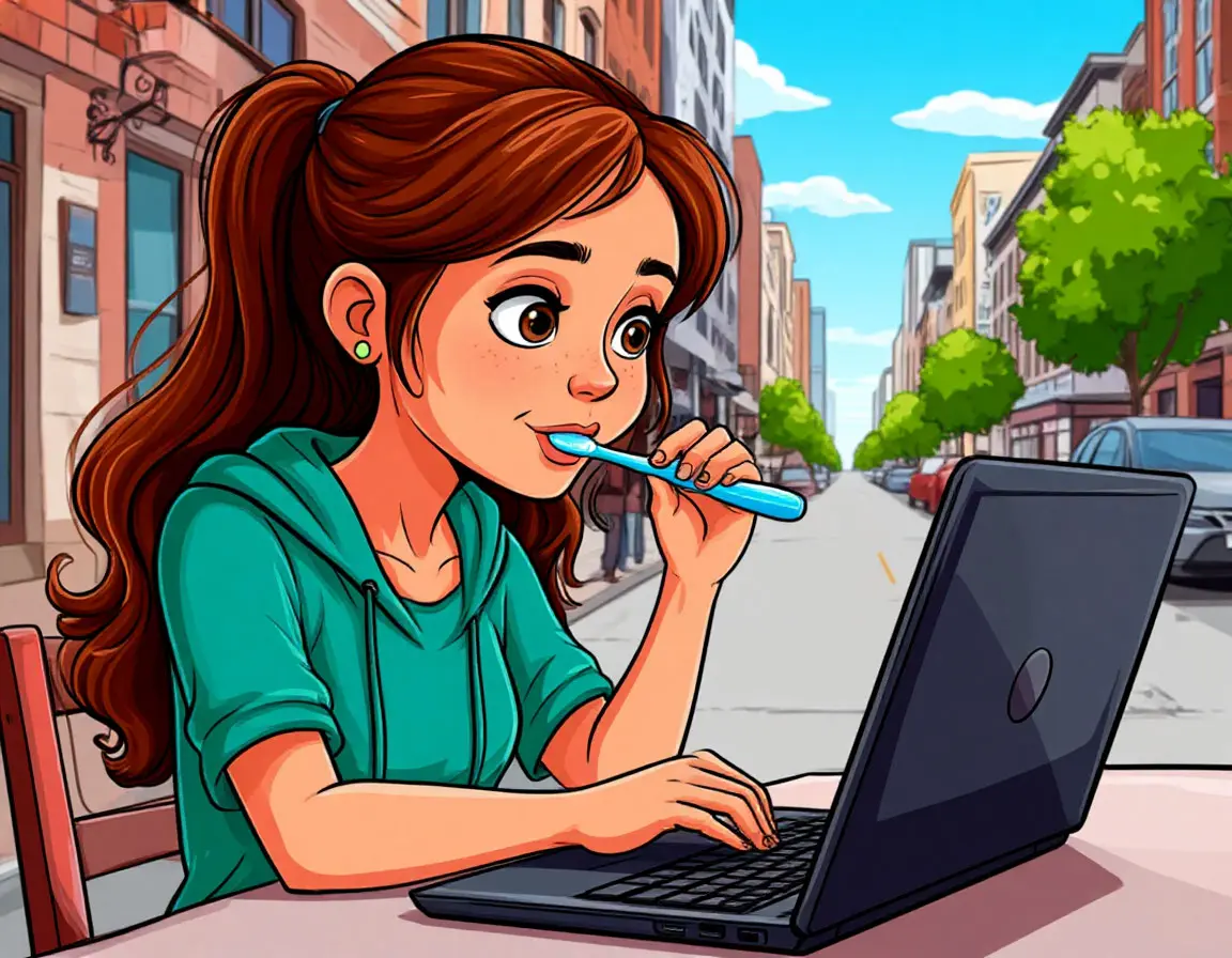 чистит зубы за ПК на улице