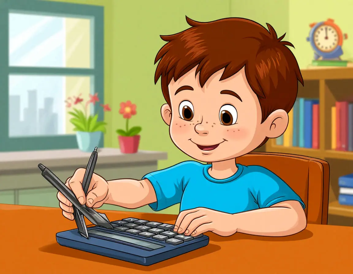 мальчик считает на калькуляторе