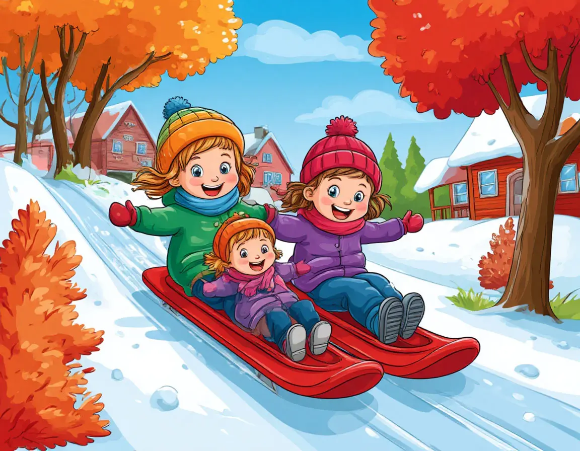 ребята на санках катятся по снежной горе