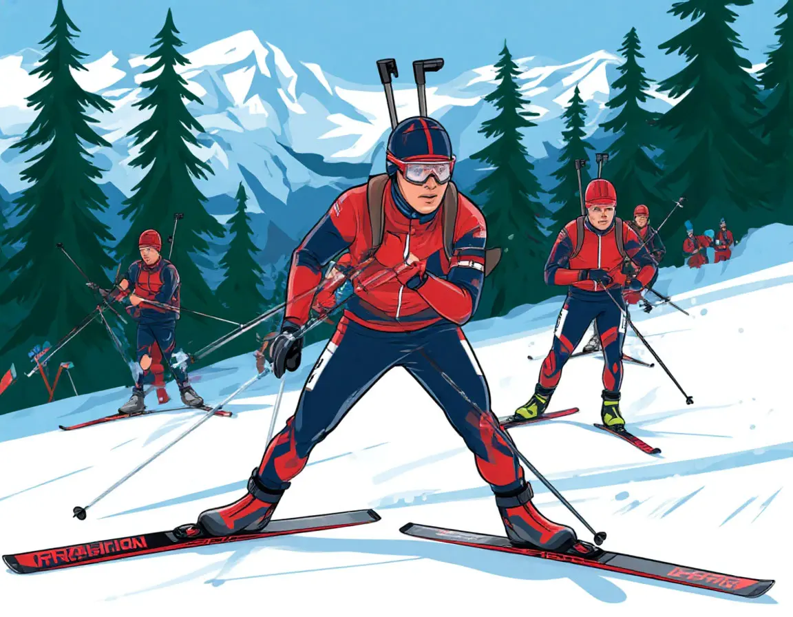 лыжники в лесу с винтовками