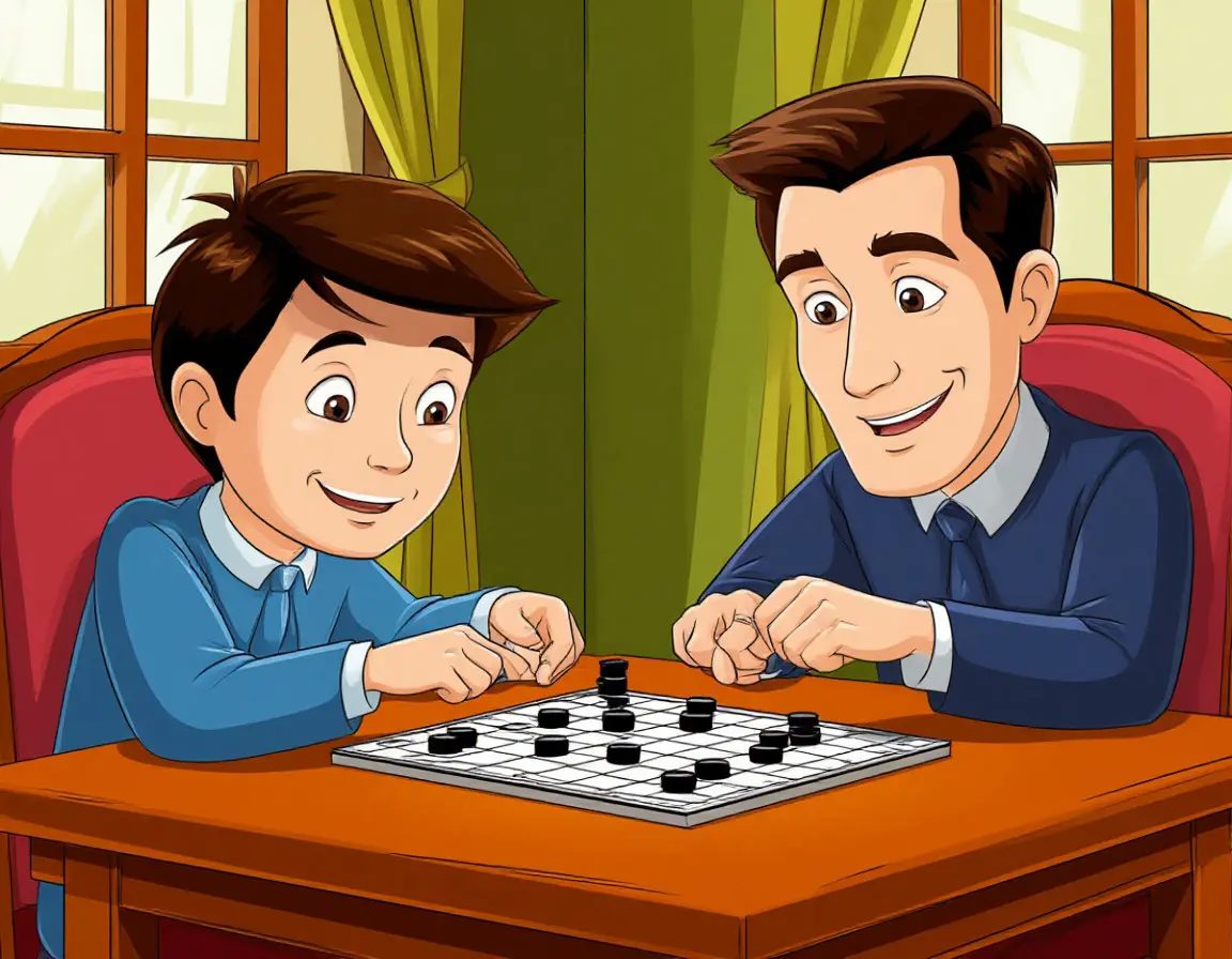 мальчик с папой играют в настольную игру